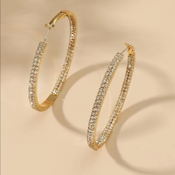 Woman’s Gold Pave’ Large Gold Hoop Earrings - Picture 1 of 8